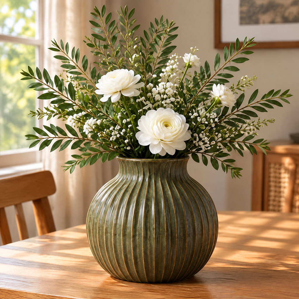 Waverlyo™ Olive Green Ribbed Ceramic Vase